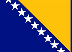 [ai] The flag of Bosnia and Herzegovina featuring a blue background with a yellow triangle on the right side and a row of white stars along the diagonal edge.